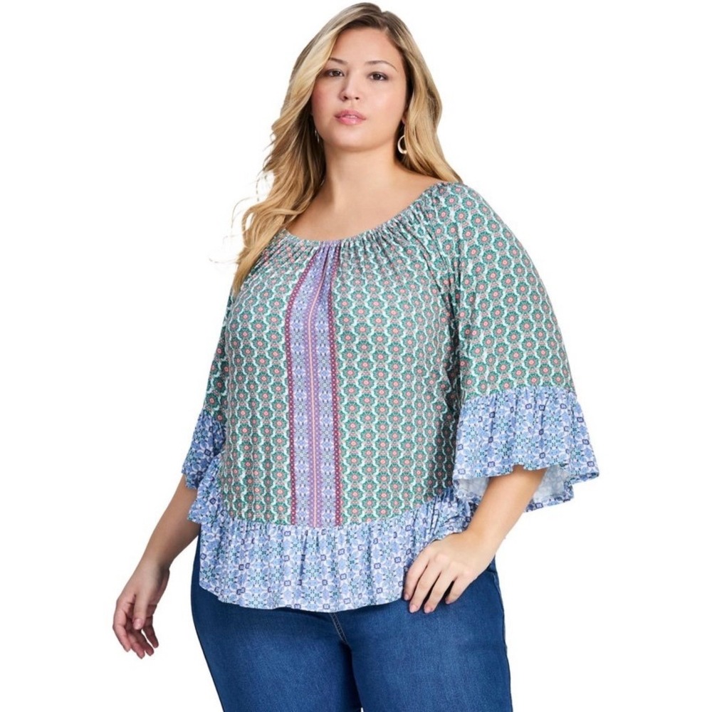 NWT Avenue Multicolor Floral Bell Sleeve Tunic Top Size 14 Boho Festival Stretch
